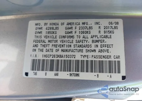 2008 Honda Accord 2.4 Lx from USA, damaged, VIN 1HGCP263X8A150372